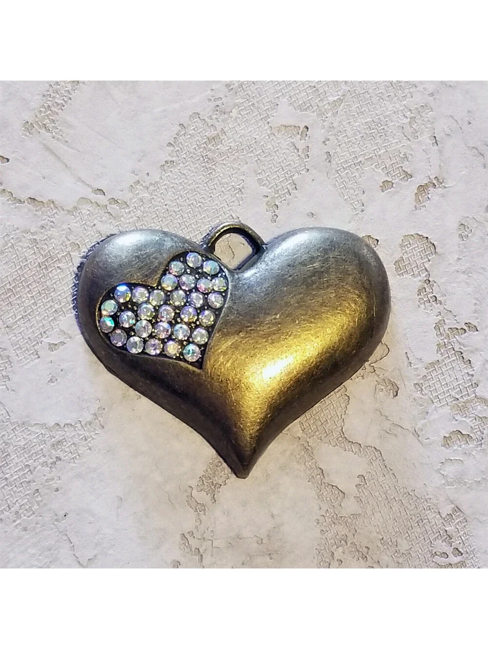 Antiqued Brass Pave AB Crystal Heart Pendant Minimalist Steampunk Retro Modern